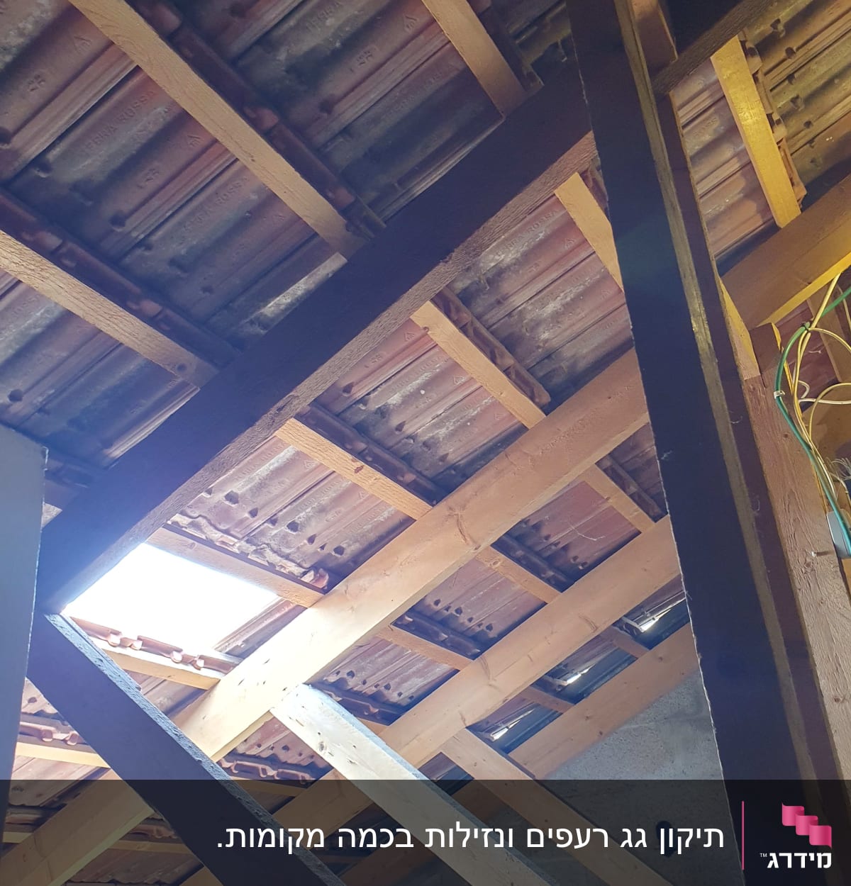 קורות עץ תומכות בגג רעפים עם פתח אור